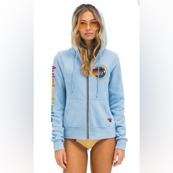 EUC Aviator Nation Light Blue Hoodie with Multicolor Arm Logo - Picture 2 of 13